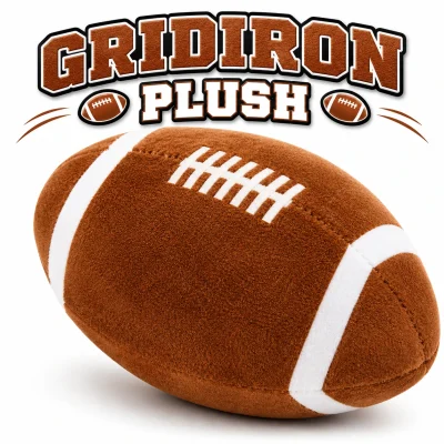 "GRIDIRON PLUSH plush football toy displayed on a clean white background with bold varsity-style GRIDIRON PLUSH title, football-themed accents, and a large soft brown football featuring white stripes and laces."