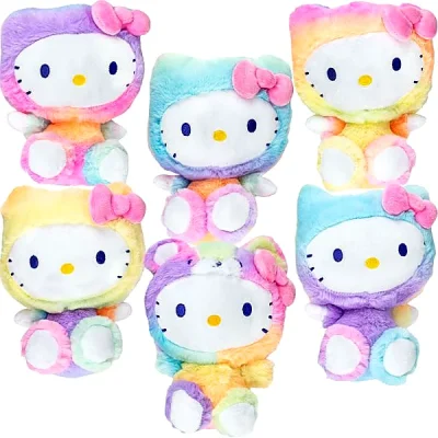 “Hello Kitty rainbow sherbet plush assortment—six pastel characters with pink bows on a white background—ideal for crane or redemption prizes.”