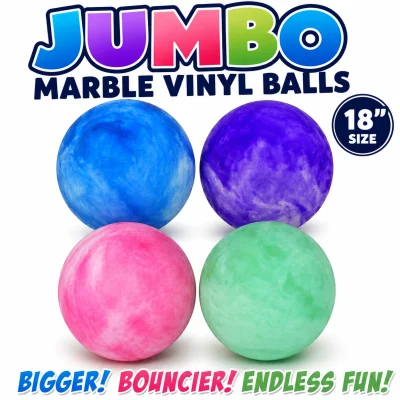 Jumbo 18-inch marble vinyl balls assortment in blue, purple, pink, and mint green with colorful "JUMBO Marble Vinyl Balls" title and 18-inch size badge on a white background. Ideal for prize redemption, carnivals, events, and outdoor play.