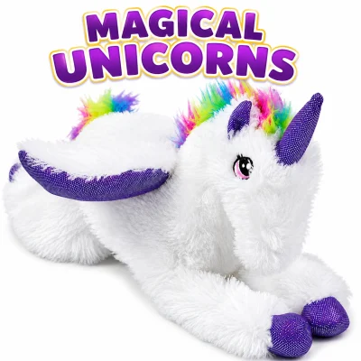 "Large white plush unicorn with a rainbow-colored mane, purple glitter horn, wings, and hooves displayed on a clean white background beneath a bold purple 'MAGICAL UNICORNS' title. Fantasy-themed plush prize ideal for claw machines, arcade games, redemption counters, amusement centers, family entertainment centers, and plush crane machine refills."