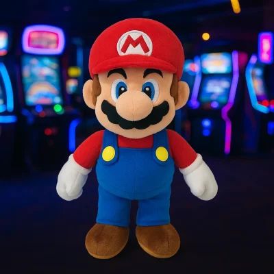 A plush Mario toy from the Super Mario video game series stands in front of a colorful, neon-lit arcade background. The plush features Mario’s signature red hat with an "M", blue overalls, and brown shoes, with detailed stitching clearly visible.