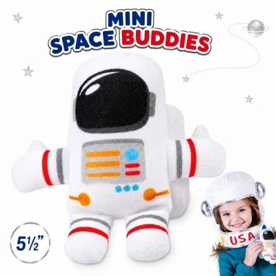 5.5-inch Mini Space Buddies plush astronaut with child holding matching astronaut toy on white background for claw machines, arcades, redemption prizes, and carnival games.