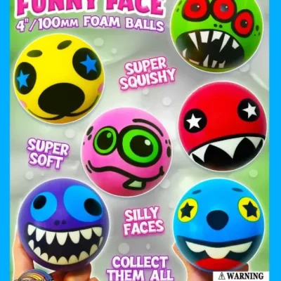 "Funny Face 4-inch (100mm) foam balls with silly faces in various colors including yellow, green, red, pink, blue, and multicolor. The balls are labeled as super soft, super squishy, collectible, and feature cartoon-style faces with big eyes and exaggerated mouths."