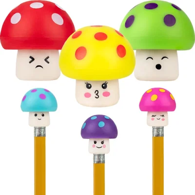 Colorful mushroom pencil toppers with assorted cute faces and polka dot caps