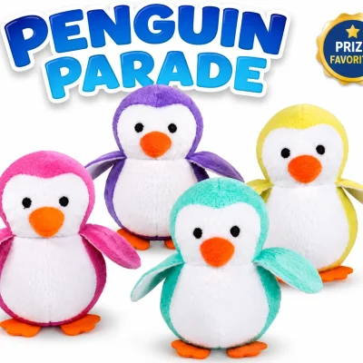 Colorful Penguin Parade stuffed penguin plush assortment featuring pink, purple, mint, and yellow plush penguins with Prize Favorite badge on a white background.