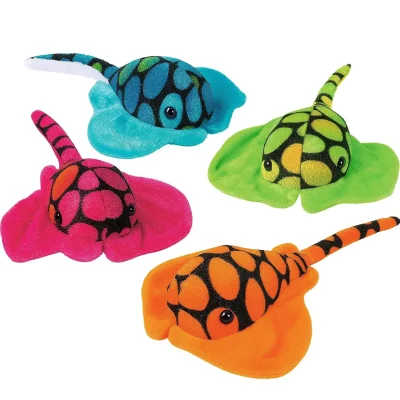 "Colorful plush manta ray toys in assorted bright colors – blue, green, pink, and orange – with patterned bodies and long tails."