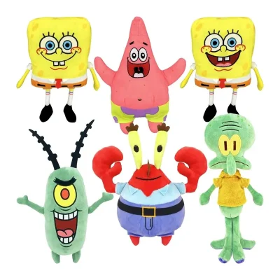 SpongeBob Plush Assortment – 7-inch characters including SpongeBob, Patrick, Squidward, Mr. Krabs, and Plankton – 144 pieces bulk mix