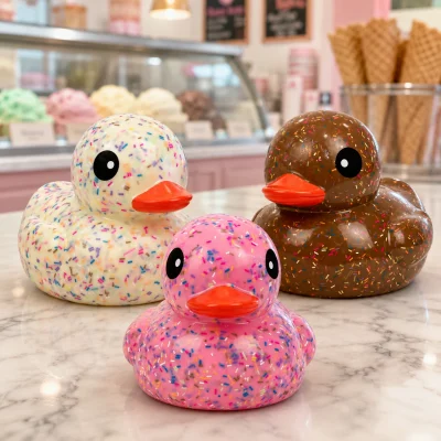 Sprinkle rubber ducks in vanilla, chocolate and strawberry colors displayed in an ice cream shop.