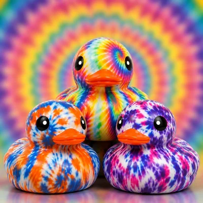 Tie-dye rubber ducks with vibrant rainbow swirl patterns displayed in front of a soft-focus psychedelic kaleidoscope tunnel background.