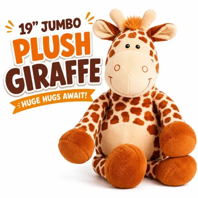 19-inch jumbo plush giraffe stuffed animal with Huge Hugs Await title on a white background for claw machines, arcades, gift shops, and redemption prizes.