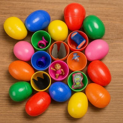 “Plastic capsule toys and colorful eggs displayed on a wooden surface, with open capsules revealing mini toys and trinkets inside.”