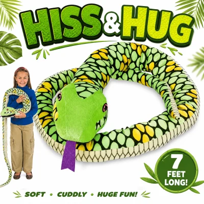HISS & HUG 7-foot plush snake stuffed animal with hissing tongue, featuring a giant green and yellow coiled plush snake, real child for size comparison, and white background with subtle jungle-themed accents.