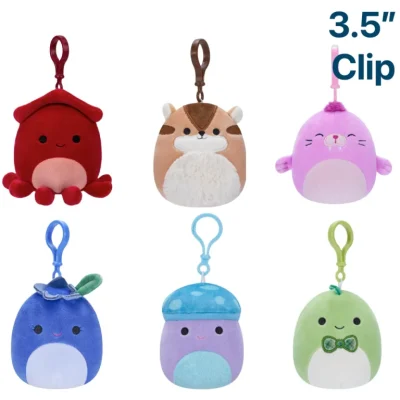 96-pack of soft, plush Mini Squishmallow Clips in assorted characters, perfect for bags, keychains, and party favors.