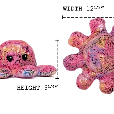“Jumbo 12-inch reversible octopus plush with sequined fabric showing size dimensions: 12.5 inches width and 5.25 inches height, SKU CR-OCTXL.”