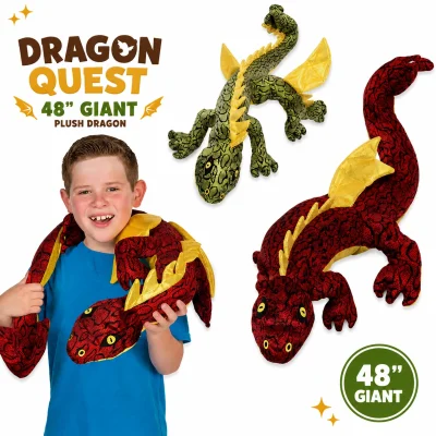48-inch giant plush dragon assortment featuring red and green dragons with Dragon Quest title, oversized claw machine prize plush and child showing the large size.