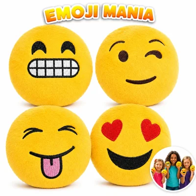 Emoji Mania assorted emoji plush toys featuring four expressive yellow emoji faces with a lifestyle inset of children holding the plush. Perfect for claw machines, crane games, redemption prizes, arcades, party favors, and amusement parks.