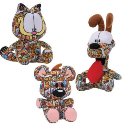 Garfield comic-strip themed plush collection featuring Garfield, Odie, and Pooky characters covered in colorful Garfield comic panel artwork on a white background.