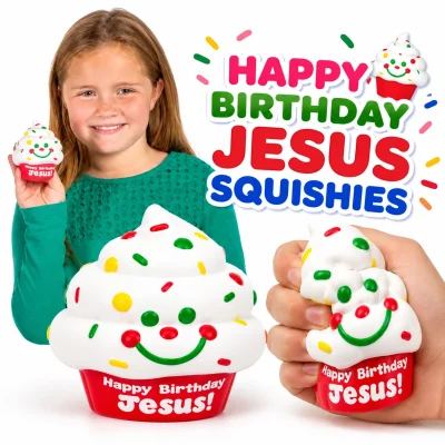 Happy Birthday Jesus Squishies scented slow-rising cupcake squishy toy with smiling frosting design, shown with child for size and squeeze demonstration, ideal for church events, Sunday school, VBS, Christmas celebrations, party favors, prize machines, and Christian giveaways.