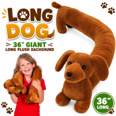 36-inch Long Dog giant plush dachshund stuffed animal featuring an extra-long body, shown with a child for size comparison on a clean white background.