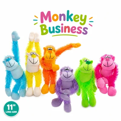 11" Long Arm Plush Monkeys assortment featuring six colorful hanging monkey stuffed animals on a white background with Monkey Business title.