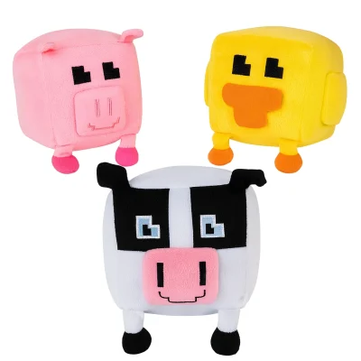Pixel-style farm animal plush toys — pink cube pig, yellow cube duck, and black-and-white cube cow — arranged on a clean white background.