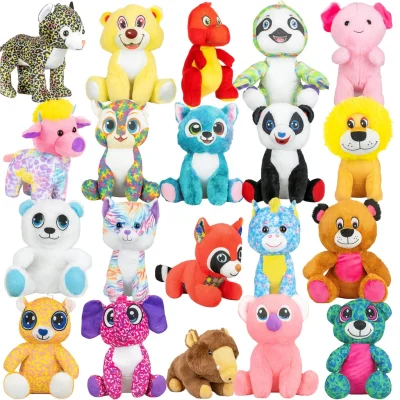 "Collection of colorful plush stuffed animals arranged in rows, including bears, lions, pandas, unicorns, dogs, and other animals with vibrant patterns and playful designs."