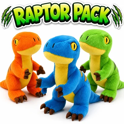 "Raptor Pack plush dinosaur assortment featuring orange, blue, and green velociraptor plush toys on a white background. The colorful raptors have bright yellow eyes, soft plush textures, and playful poses beneath a bold green RAPTOR PACK title with claw mark accents, creating a high-energy dinosaur-themed display."