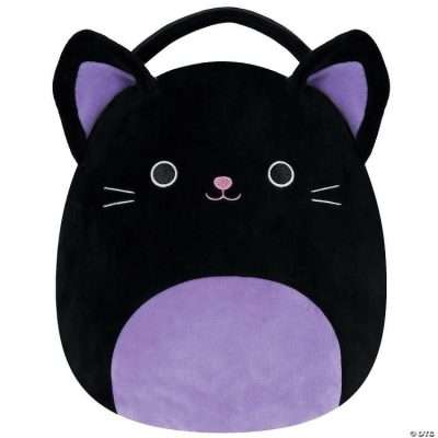 10-inch Black Cat Squishmallow Treat Pail with handle, perfect plush Halloween bucket for costumes or fall events.