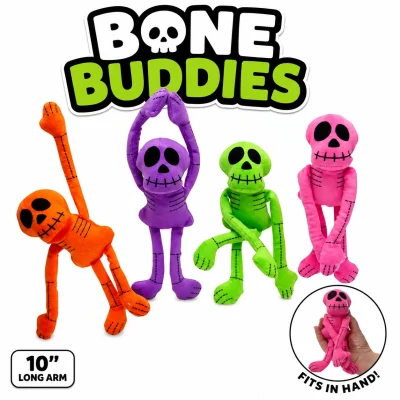 10-inch Bone Buddies long-arm plush skeleton assortment in orange, purple, green, and pink with colorful Halloween design and hand size comparison for claw machines, redemption prizes, and carnival games.
