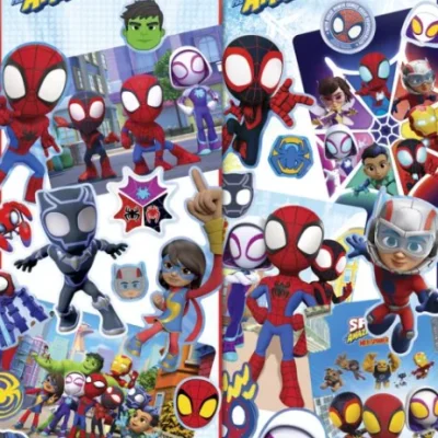 Flat vending sticker sheets featuring Spiderman in bold, action-packed poses, perfect for bulk vending