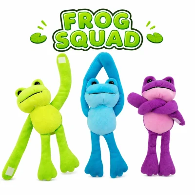 "Frog Squad plush assortment featuring green, blue, and purple long-limbed frog plush toys on a white background with a bold green FROG SQUAD title and lily pad accents."