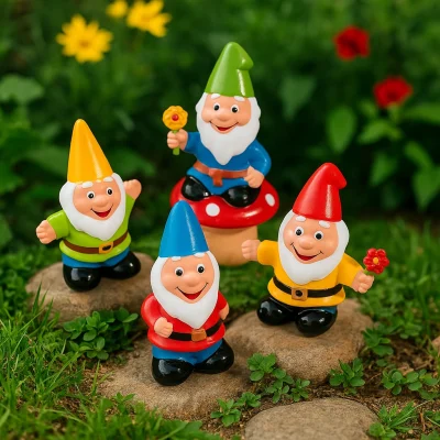 "Four colorful vinyl garden gnome figurines with green, yellow, blue, and red hats, displayed outdoors on stones surrounded by grass and flowers."