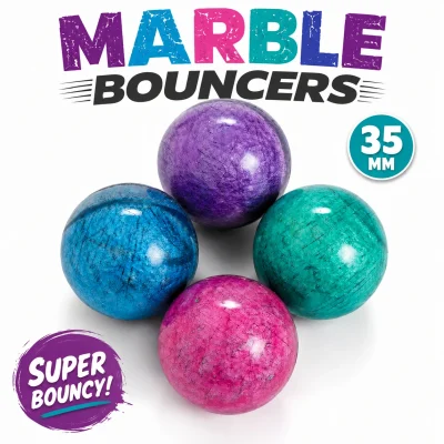 35mm marbleized rubber bouncy balls in assorted blue, purple, teal, and pink colors with Marble Bouncers title on a white background, perfect for vending machines, prize redemption, and toy capsules.
