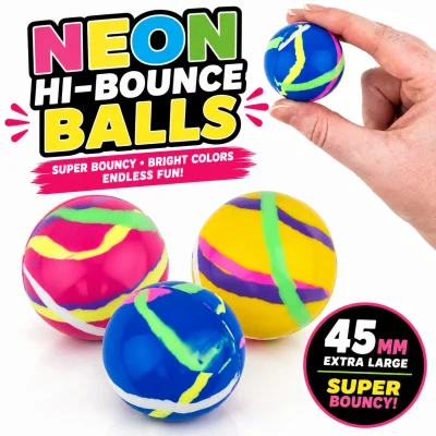 45mm Neon Hi-Bounce Balls featuring bold pink, blue, and yellow designs with vibrant multicolor stripe patterns. Extra-large super bouncy balls for claw machines, arcade prize machines, redemption counters, carnival games, and bulk vending prize assortments.