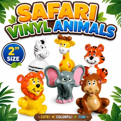 Safari Vinyl Animals 2 Inch assortment featuring lion, elephant, monkey, tiger, giraffe, and zebra mini vinyl toys for vending machines, crane games, redemption prizes, party favors, classrooms, and zoo-themed collections.