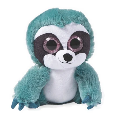 Teal Sloth Plush Toy With Glitter Eyes Sitting Upright On White Background