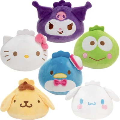 “Set of six Sanrio plush dumplings including Hello Kitty, Kuromi, Keroppi, Pompompurin, Cinnamoroll, and Tuxedosam. Each 6-inch plush features a rounded dumpling shape with embroidered details, displayed on a white background. Official licensed Sanrio character plush toys.”