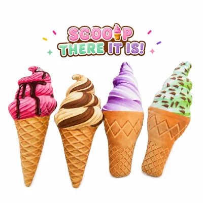 "Four colorful ice cream cone plush toys displayed on a white background beneath a playful 'SCOOP THERE IT IS!' title. Features pink strawberry, chocolate swirl, lavender swirl, and mint chocolate chip ice cream cone plush designs. Ideal for claw machines, arcade prizes, redemption counters, carnival games, and novelty plush displays."
