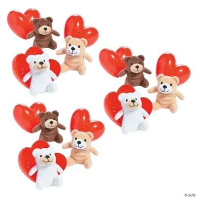 "Valentine’s Day plush teddy bears in brown, tan, and white with red heart accents, displayed on a white background."
