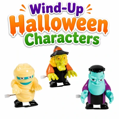 Wind-Up Halloween Characters featuring mummy, witch, and Frankenstein wind-up toys on a clean white background with a colorful Halloween-themed title.