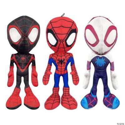 144 9-inch Spiderman plush toys in assorted costumes, perfect for redemption counters, arcade prizes, and retail displays.