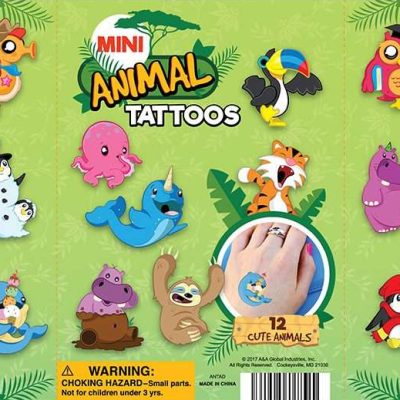 Animal Tattoos in 1.1in Capsules – 250pcs featuring 12 cute animal designs