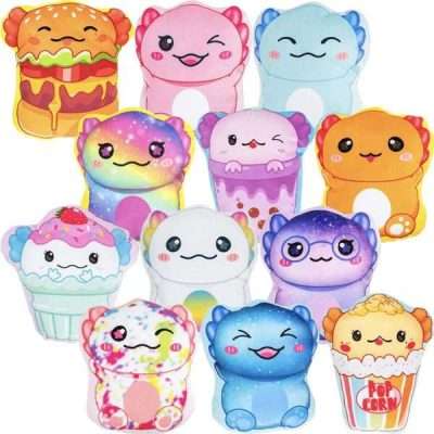 12 colorful 5-inch axolotl plush toys in a variety of vibrant designs, perfect for prizes or retail.