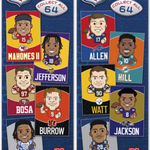 Discover our NFL Collectible Player Posters, a 288-piece set of mini 3" x 4.5" posters perfect for flat vending machines. Featuring 64 NFL stars, including Mahomes and Jackson. Not stickers or trading cards!