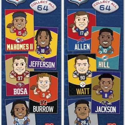 Discover our NFL Collectible Player Posters, a 288-piece set of mini 3" x 4.5" posters perfect for flat vending machines. Featuring 64 NFL stars, including Mahomes and Jackson. Not stickers or trading cards!