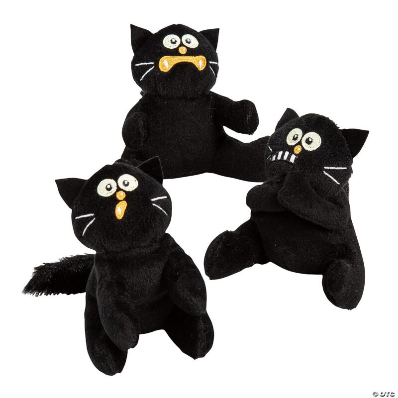 Set of 288 Halloween Black Scaredy Cat plush toys with assorted scared facial expressions, ideal for party favors and Halloween decor.