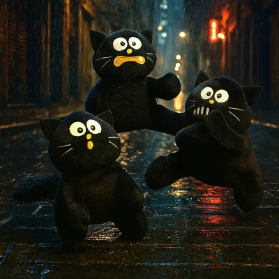 "Three plush black cats with wide-eyed, expressive faces posed dramatically in a rainy city street at night."