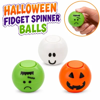 Halloween Fidget Spinner Balls featuring Frankenstein, Ghost, and Jack-O'-Lantern designs with a hand demonstrating the fidget spinner action on a white background.