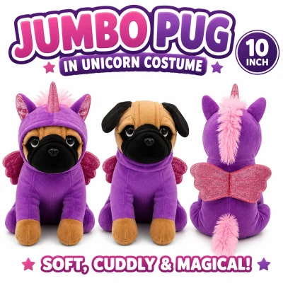 10-inch Jumbo Pug in Unicorn Costume plush featuring front view with hood up, front view with hood down, and rear view showing glitter wings and fluffy pink tail on a white background. Great for crane machines, arcades, redemption prizes, and novelty gifts.