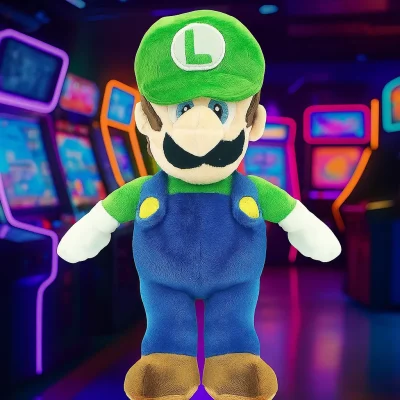 A Luigi plush toy from the Super Mario franchise stands in front of a brightly lit video arcade backdrop with colorful neon-lit gaming machines, maintaining its original design and vibrant colors.